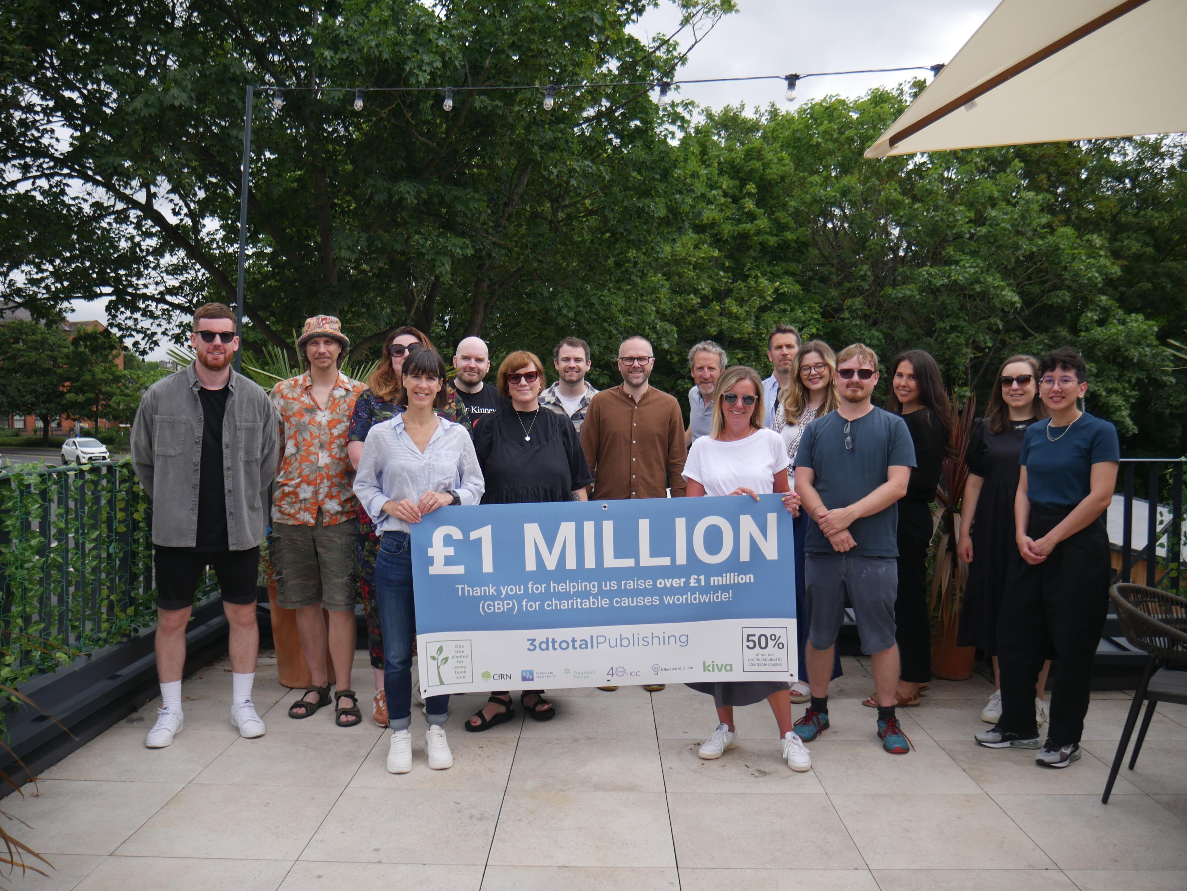 a group of 3dtotal employees holding a banner that says 1 million pounds donated