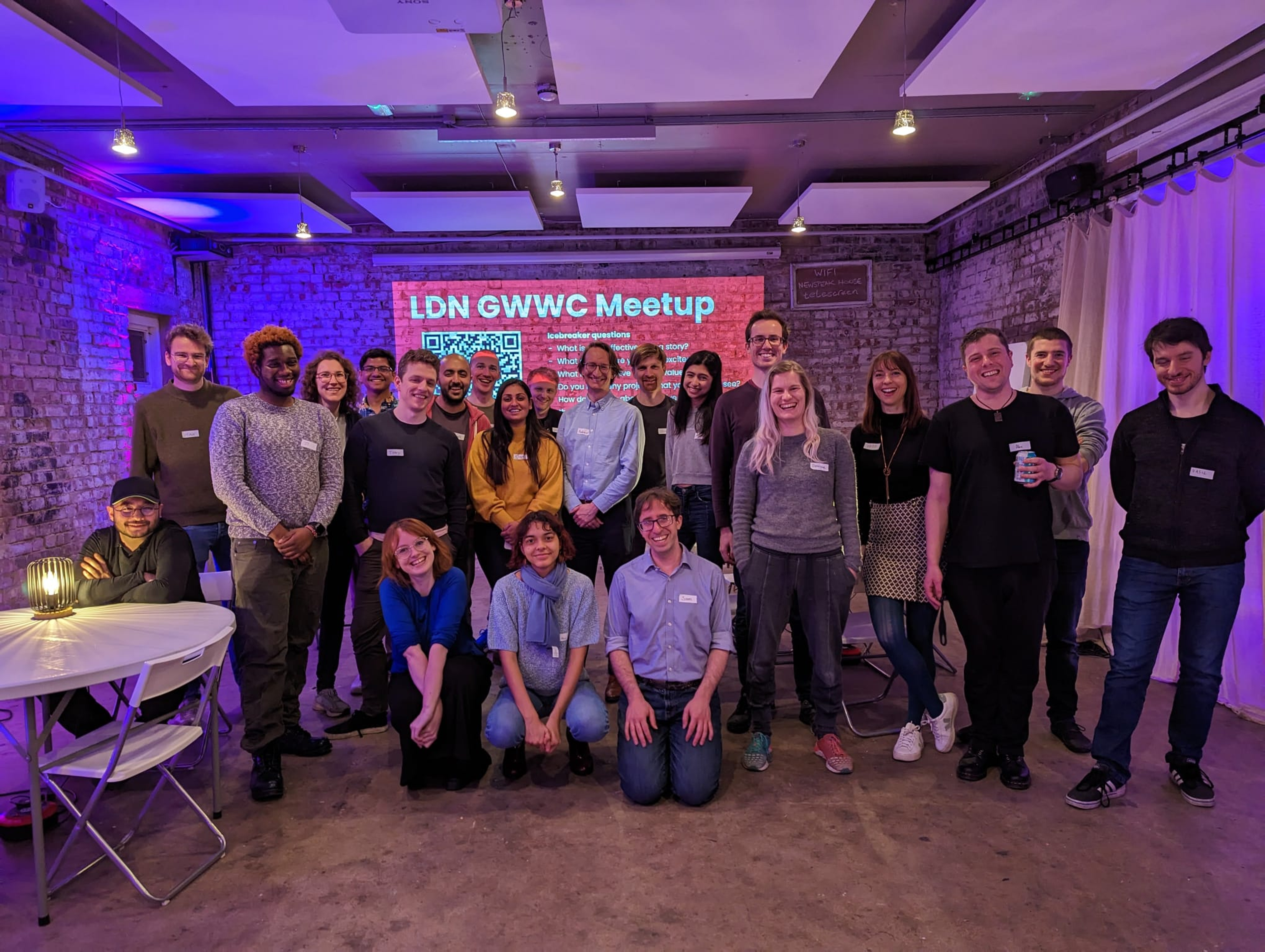 a group of people standing together in front of a projected sign saying "LDN GWWC Meetup"